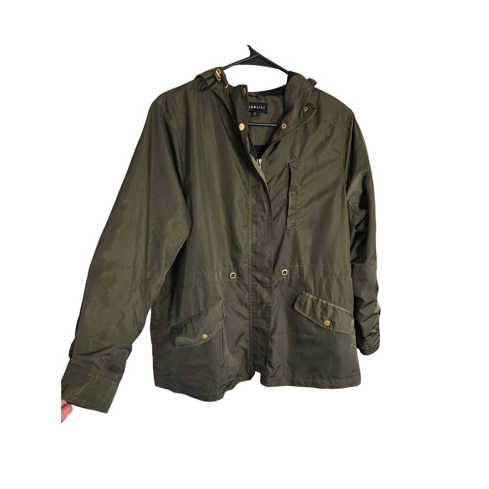 Miss Lili Hooded Anorak Utility Jacket PL Petite Large Olive Army Green Mesh
